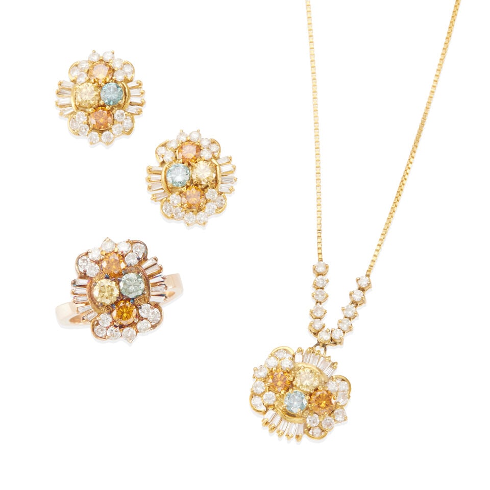GOLD, COLORED DIAMOND AND DIAMOND SUITE: GOLD, COLORED DIAMOND AND DIAMOND SUITE • One 10k yellow gold pendant and a 14K yellow gold chain with 4 round shaped diamonds weighing approximately 0.90 carat total, and numerous round and