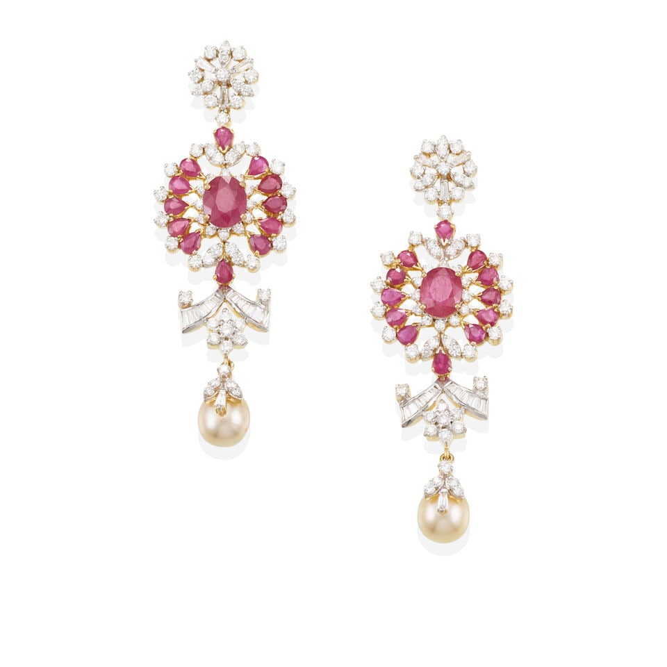 A PAIR OF 18K YELLOW GOLD, CULTURED PEARL, RUBY AND DIAMOND EARRINGS: A PAIR OF 18K YELLOW GOLD, CULTURED PEARL, RUBY AND DIAMOND EARRINGS • Two cultured pearls measuring 8.05mm in diameter • Numerous oval and pear-shaped rubies weighing approximately 6.50