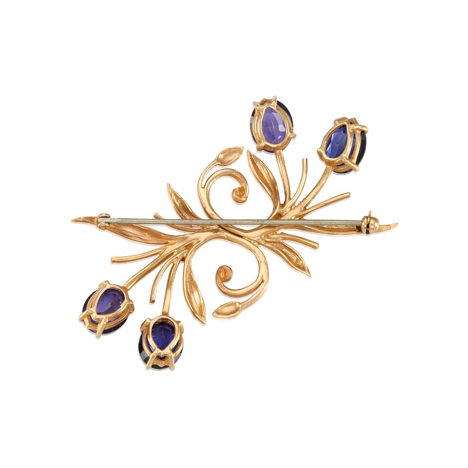 YELLOW GOLD AND SYNTHETIC SAPPHIRE BROOCH - 2