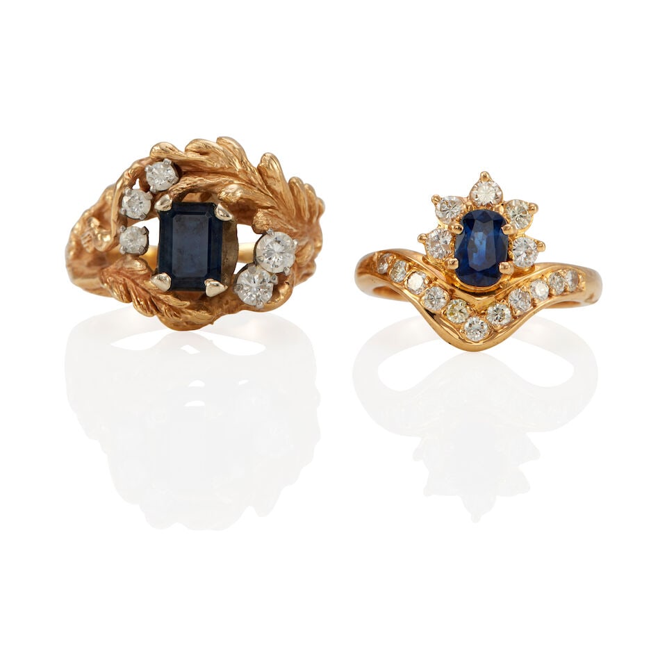TWO GOLD, SAPPHIRE AND DIAMOND RINGS: TWO GOLD, SAPPHIRE AND DIAMOND RINGS • A 14K yellow gold ring with a rectangular shaped sapphire weighing approximately 0.90 carat, with five round shaped diamonds weighing approximately 0.30