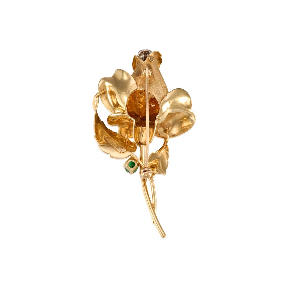 14K YELLOW GOLD, EMERALD AND DIAMOND ROSE BROOCH - 2
