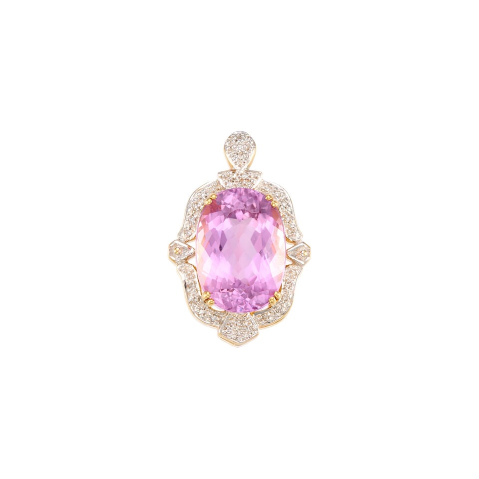 18K YELLOW GOLD, KUNZITE, AND DIAMOND PENDANT: 18K YELLOW GOLD, KUNZITE, AND DIAMOND PENDANT • One oval shaped kunzite weighing approximately 12 carats total • Numerous melee diamonds • Measures 1 5/16 in. x 7/8 in. •
