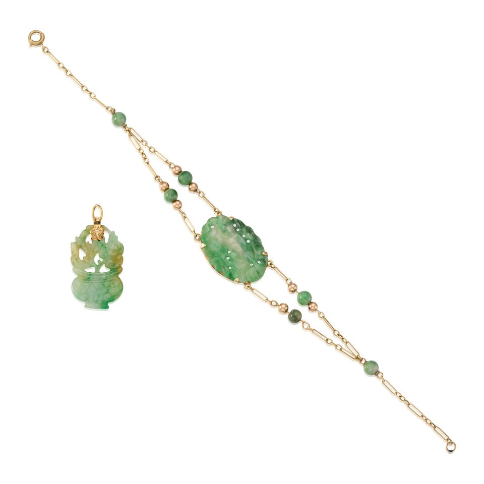 YELLOW GOLD AND JADE BRACELET AND PENDANT: YELLOW GOLD AND JADE BRACELET AND PENDANT • One 14K yellow gold bracelet, with one carved jade measuring approximately 24.65mm x 17.15mm and six round drilled jade beads measuring approximately
