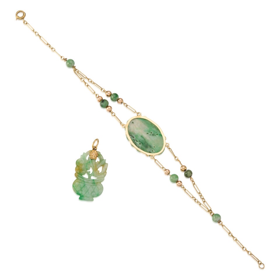 YELLOW GOLD AND JADE BRACELET AND PENDANT - 2
