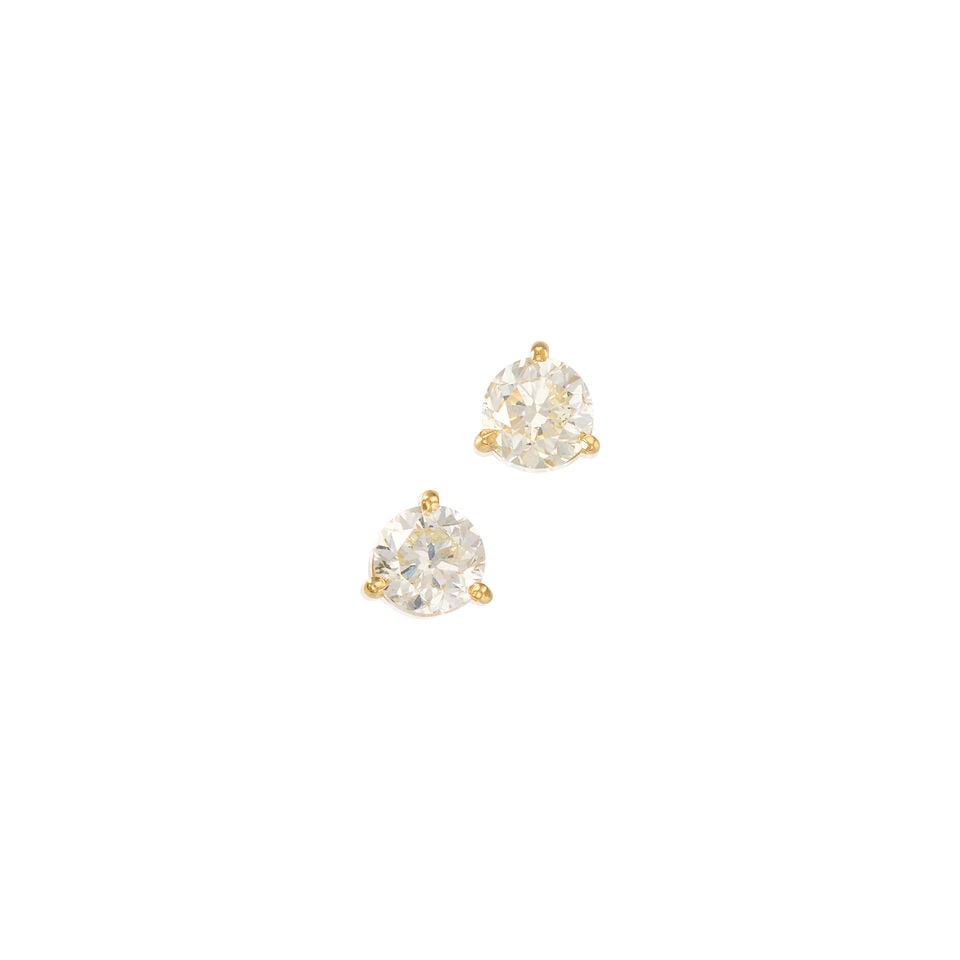 14K YELLOW GOLD AND DIAMOND EARRINGS: 14K YELLOW GOLD AND DIAMOND EARRINGS • Two round brilliant cut diamonds weighing approximately 1.50 carats total • Measures 5/8 in. x 5/16 in. • Estimated gross weight: 1.2