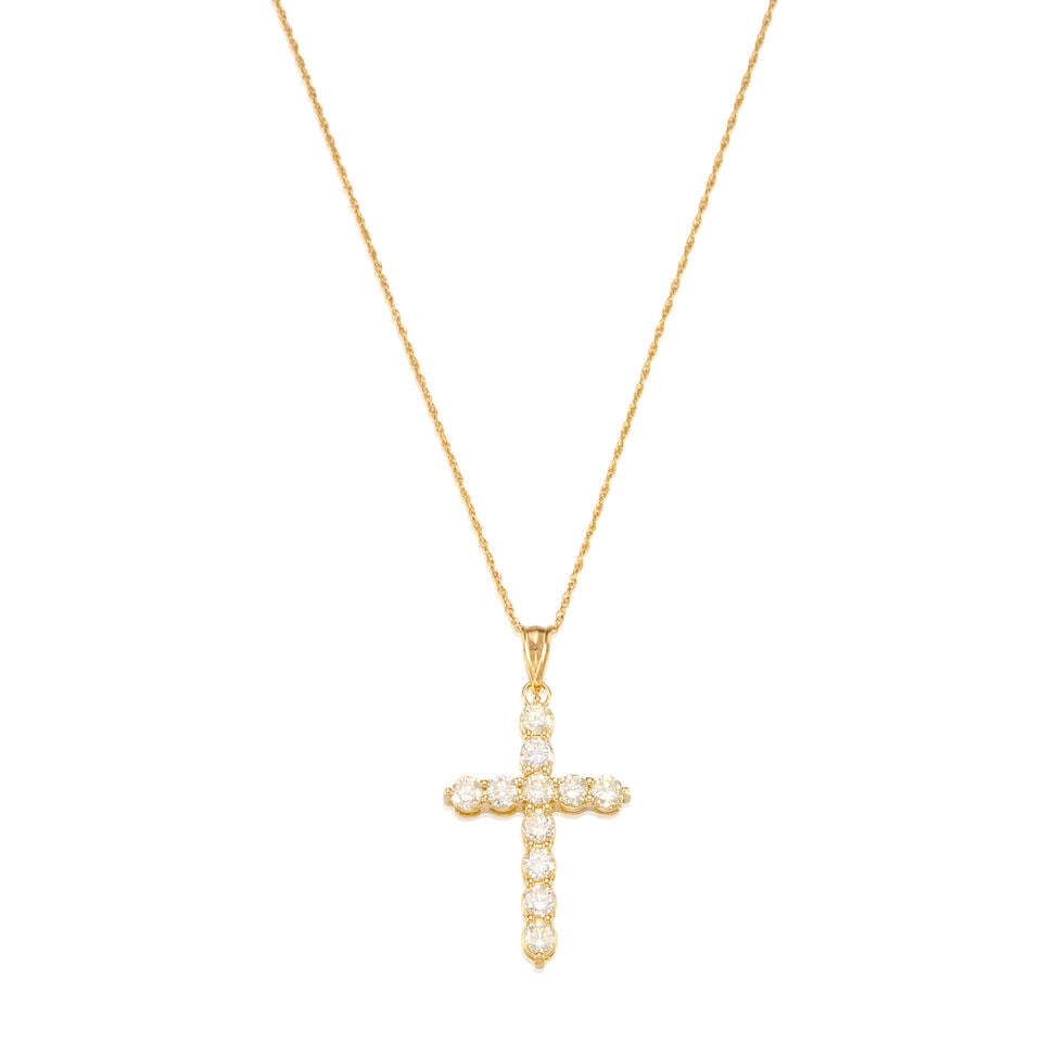 14K YELLOW GOLD AND DIAMOND PENDANT NECKLACE: 14K YELLOW GOLD AND DIAMOND PENDANT NECKLACE • Eleven round brilliant cut diamonds weighing approximately 1.60 carats total • Pendant measures 1 1/2 in. x 7/8 in. • Chain length 17