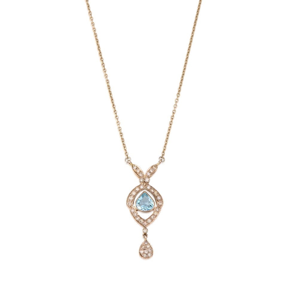 18K BICOLOR GOLD, AQUAMARINE AND DIAMOND NECKLACE: 18K BICOLOR GOLD, AQUAMARINE AND DIAMOND NECKLACE • 18K white and yellow gold • One pear shaped aquamarine weighing approximately 0.65 carat total • Numerous round brilliant