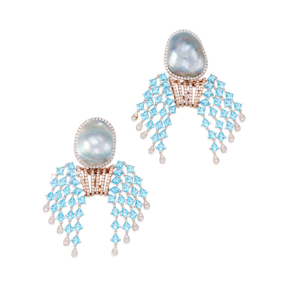 18K BICOLOR PEARL, TOPAZ AND DIAMOND EARRINGS: 18K BICOLOR PEARL, TOPAZ AND DIAMOND EARRINGS • 18K white and rose gold earrings with black rhodium plated backing • Two baroque shaped cultured pearl, measuring approximately 17.12mm x