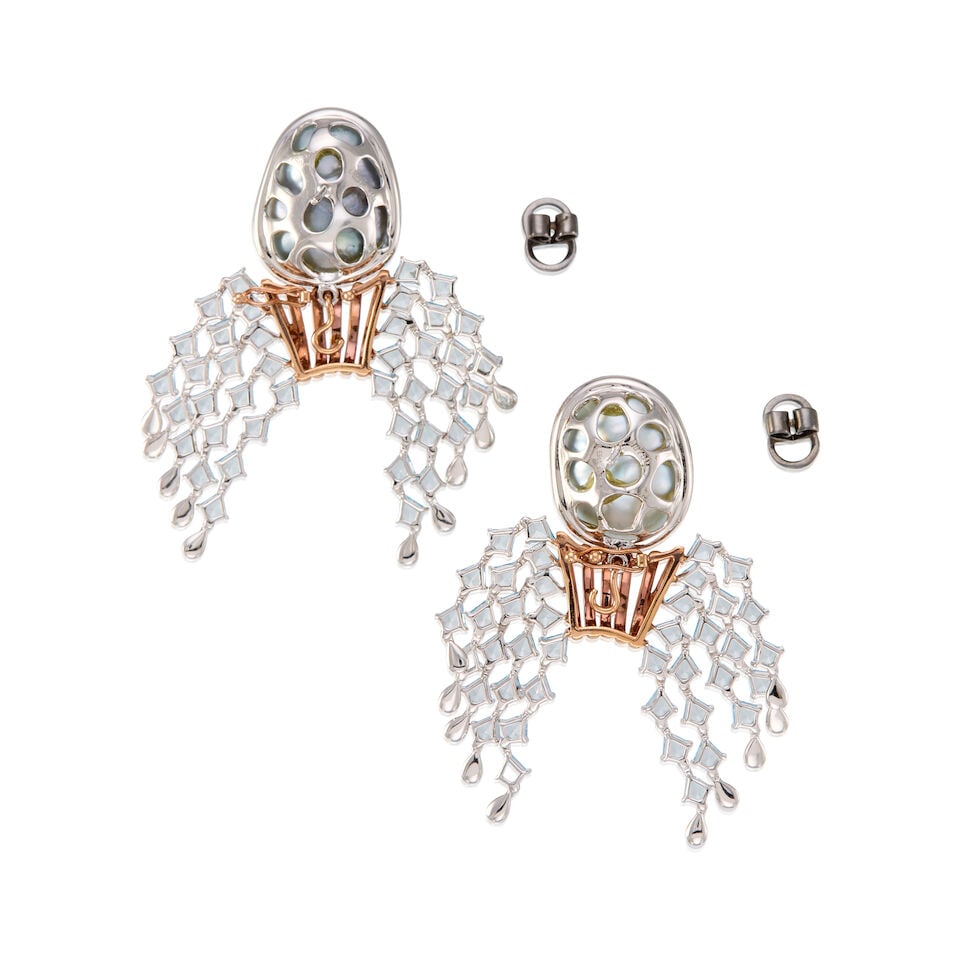 18K BICOLOR PEARL, TOPAZ AND DIAMOND EARRINGS - 2