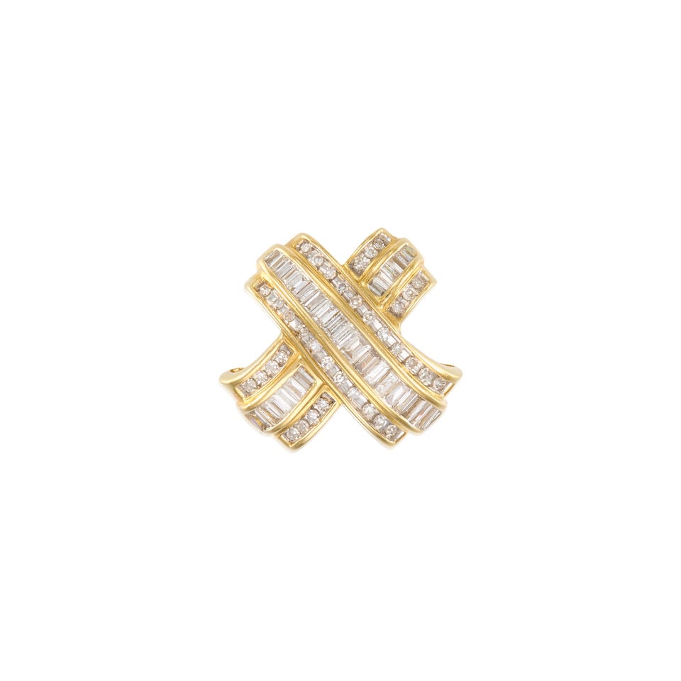 14K YELLOW GOLD AND DIAMOND SLIDE PENDANT: 14K YELLOW GOLD AND DIAMOND SLIDE PENDANT • Numerous baguette shaped diamonds measuring approximately 2mm x 1.2mm to 3mm x 1.4mm and numerous round single cut diamonds measuring approximately