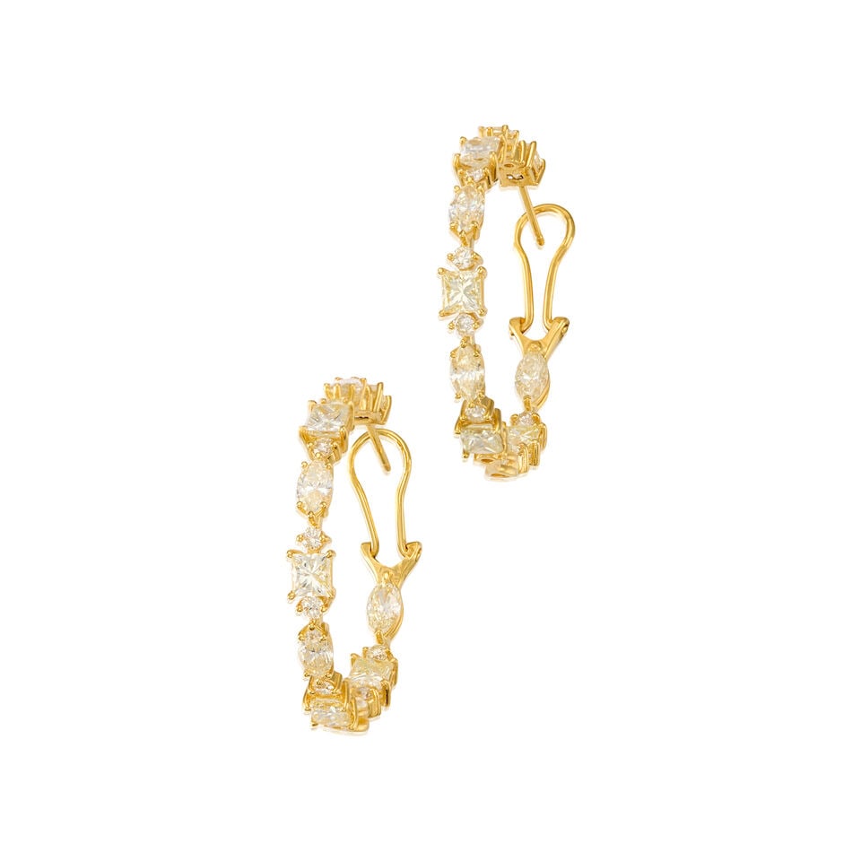 GOLD AND DIAMOND HOOP EARRINGS: GOLD AND DIAMOND HOOP EARRINGS • 14K and 18K yellow gold • Marquise, round, and square shaped diamonds weighing approximately 7.40 carats total • Measures 1 1/2 in. x 1 1/2