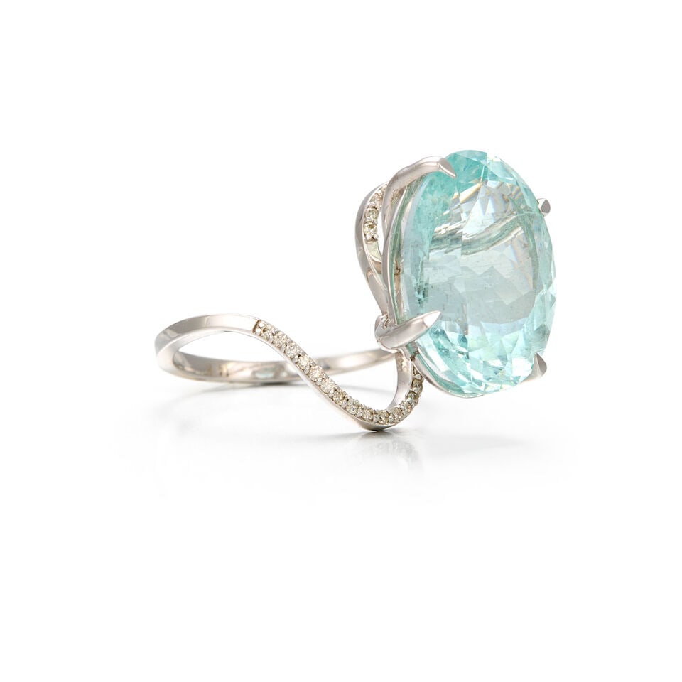 14K WHITE GOLD, AQUAMARINE AND DIAMOND RING - 2