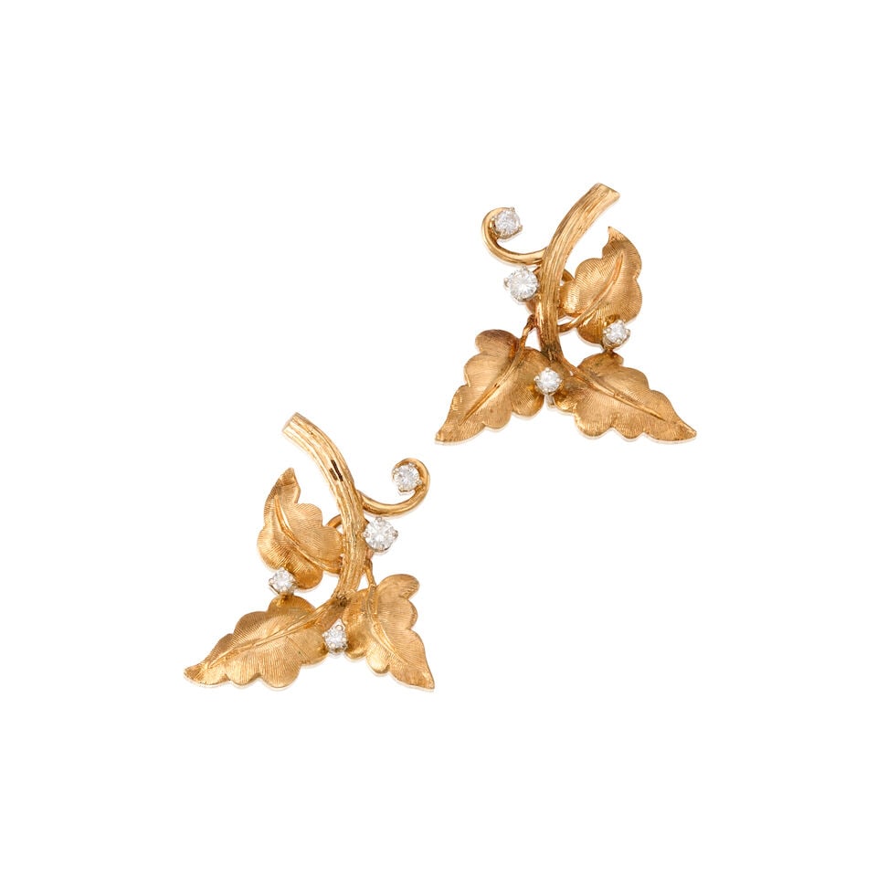 14K YELLOW GOLD AND DIAMOND EARRINGS: 14K YELLOW GOLD AND DIAMOND EARRINGS • Eight round brilliant cut diamonds weighing approximately 0.25 carat total • Measures 1 1/4 in. x 1 in. • Estimated gross weight: 9.2