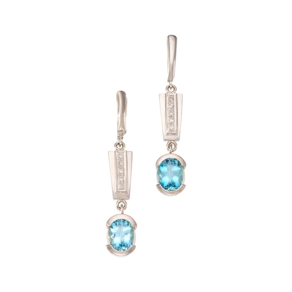 14K WHITE GOLD, AQUAMARINE AND DIAMOND EARRINGS: 14K WHITE GOLD, AQUAMARINE AND DIAMOND EARRINGS • Two oval shaped aquamarines weighing approximately 4.00 carats total • Ten round brilliant cut diamonds weighing approximately 0.10 carat