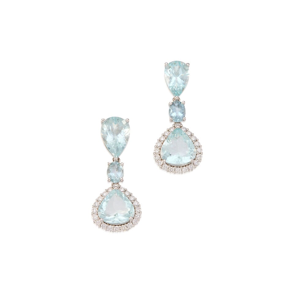 PLATINUM, AQUAMARINE AND DIAMOND EARRINGS: PLATINUM, AQUAMARINE AND DIAMOND EARRINGS • Four pear and two oval shaped aquamarine weighing approximately 7.00 carats total • Forty round brilliant cut diamonds weighing approximately 0.