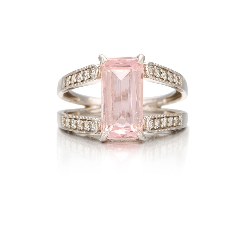14K WHITE GOLD, MORGANITE AND DIAMOND RING: 14K WHITE GOLD, MORGANITE AND DIAMOND RING • One rectangular mixed cut morganite weighing approximately 1.64 carats • Numerous round brilliant cut diamonds measuring approximately 1mm to