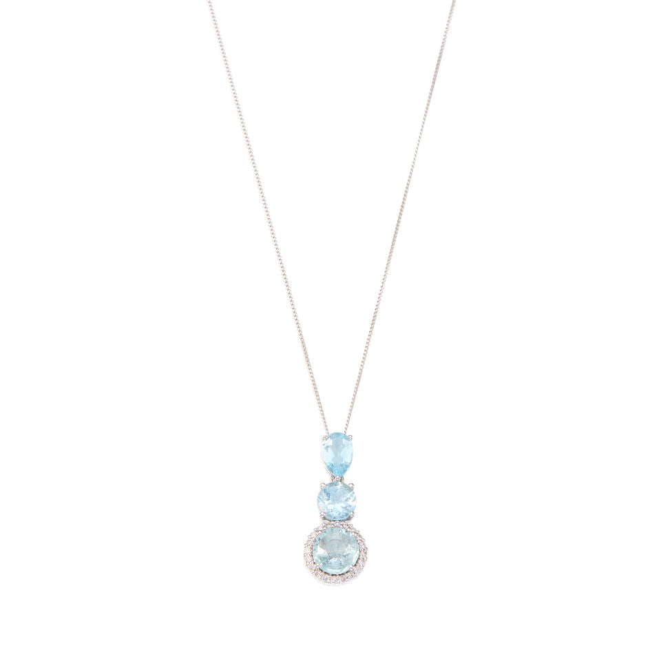 AQUAMARINE AND DIAMOND PENDANT WITH CHAIN: AQUAMARINE AND DIAMOND PENDANT WITH CHAIN • Platinum and 9K white gold • Two round shaped and one pear shaped aquamarine weighing approximately 2.00 carats total • Twenty round