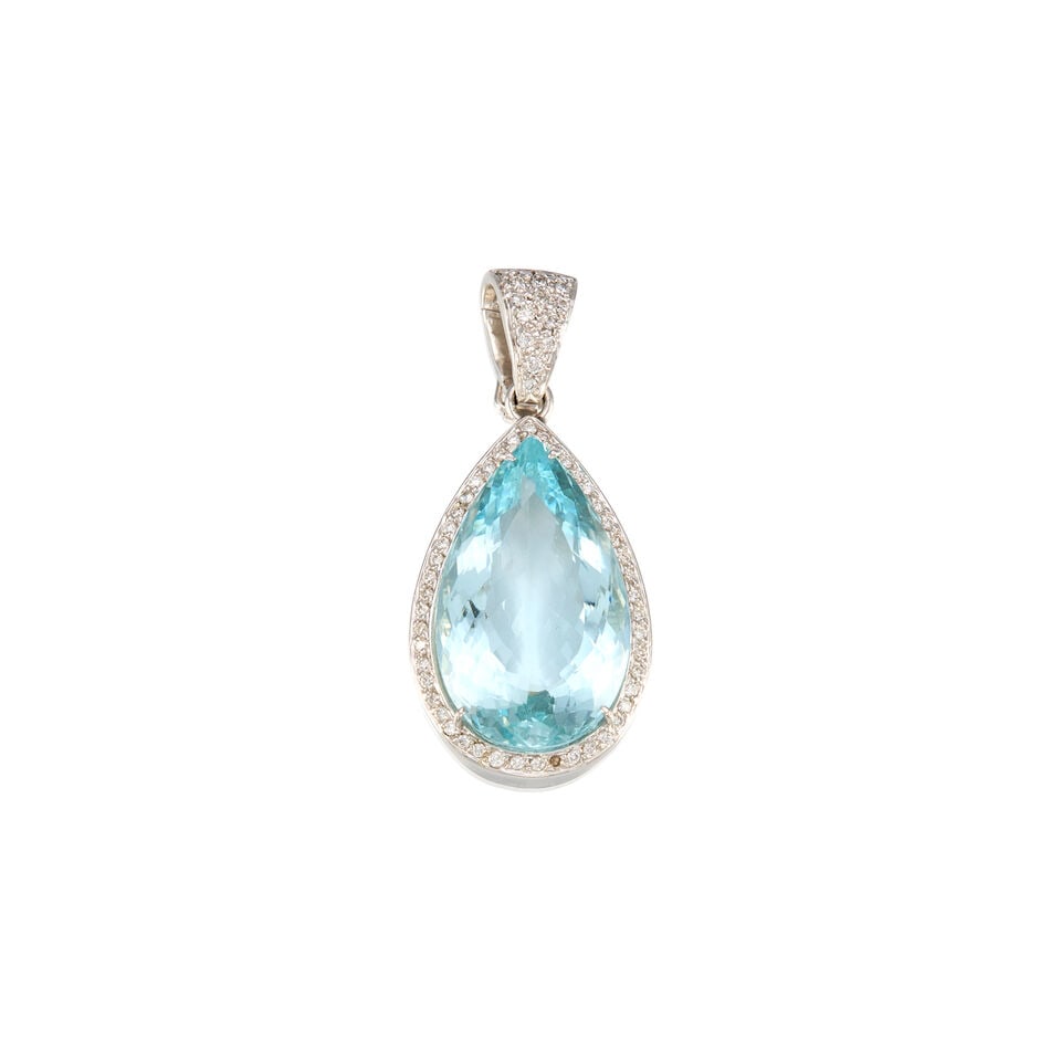14K WHITE GOLD, AQUAMARINE AND DIAMOND PENDANT: 14K WHITE GOLD, AQUAMARINE AND DIAMOND PENDANT • One pear shaped aquamarine weighing approximately 12.45 carats total • Numerous round brilliant cut diamonds measuring approximately