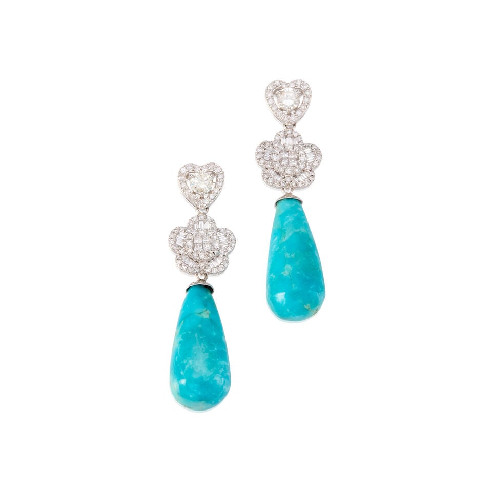 WHITE GOLD, LARIMAR, AND DIAMOND EARRINGS: WHITE GOLD, LARIMAR, AND DIAMOND EARRINGS • 14K and 18K white gold • Two carved larimar pieces measuring approximately 20.87mm x 10.16mm • Numerous round and rectangular shaped
