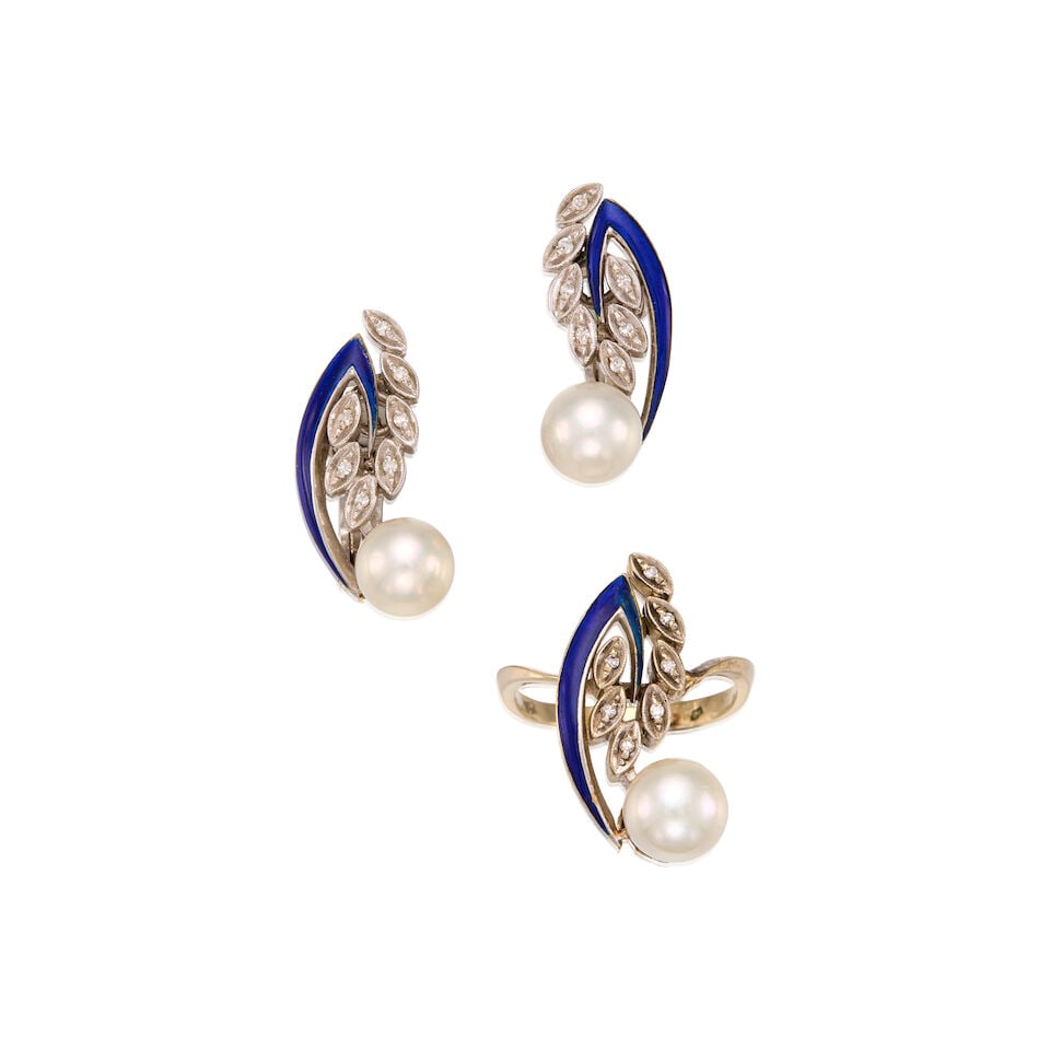 18K WHITE GOLD, PEARL, DIAMOND & ENAMEL EARRINGS AND RING: 18K WHITE GOLD, PEARL, DIAMOND & ENAMEL EARRINGS AND RING • One 18K white gold ring, with one cultured pearl measuring approximately 7.53mm in diameter, seven round single cut diamonds weighing