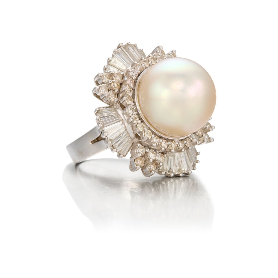 14K WHITE GOLD, CULTURED PEARL, AND DIAMOND RING - 2