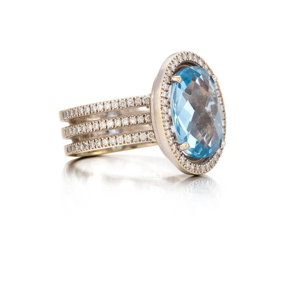 18K WHITE GOLD, SYNTETIC SPINEL AND DIAMOND RING - 2