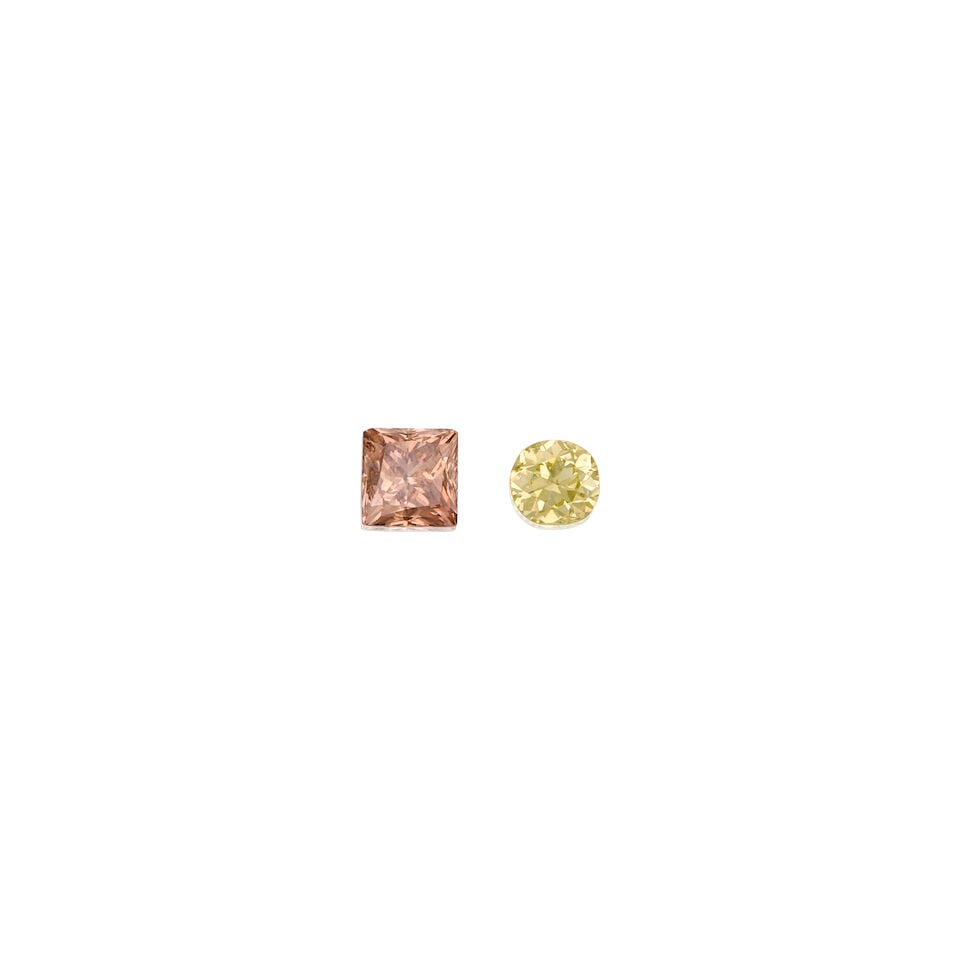 TWO LOOSE DIAMONDS WITH GIA REPORTS: TWO LOOSE DIAMONDS WITH GIA REPORTS • A loose square modified brilliant cut diamond weighing 1.04 carts, measures 5.35mm x 5.18mm x 4.20mm, accompanied by a GIA Natural Colored Diamond Report