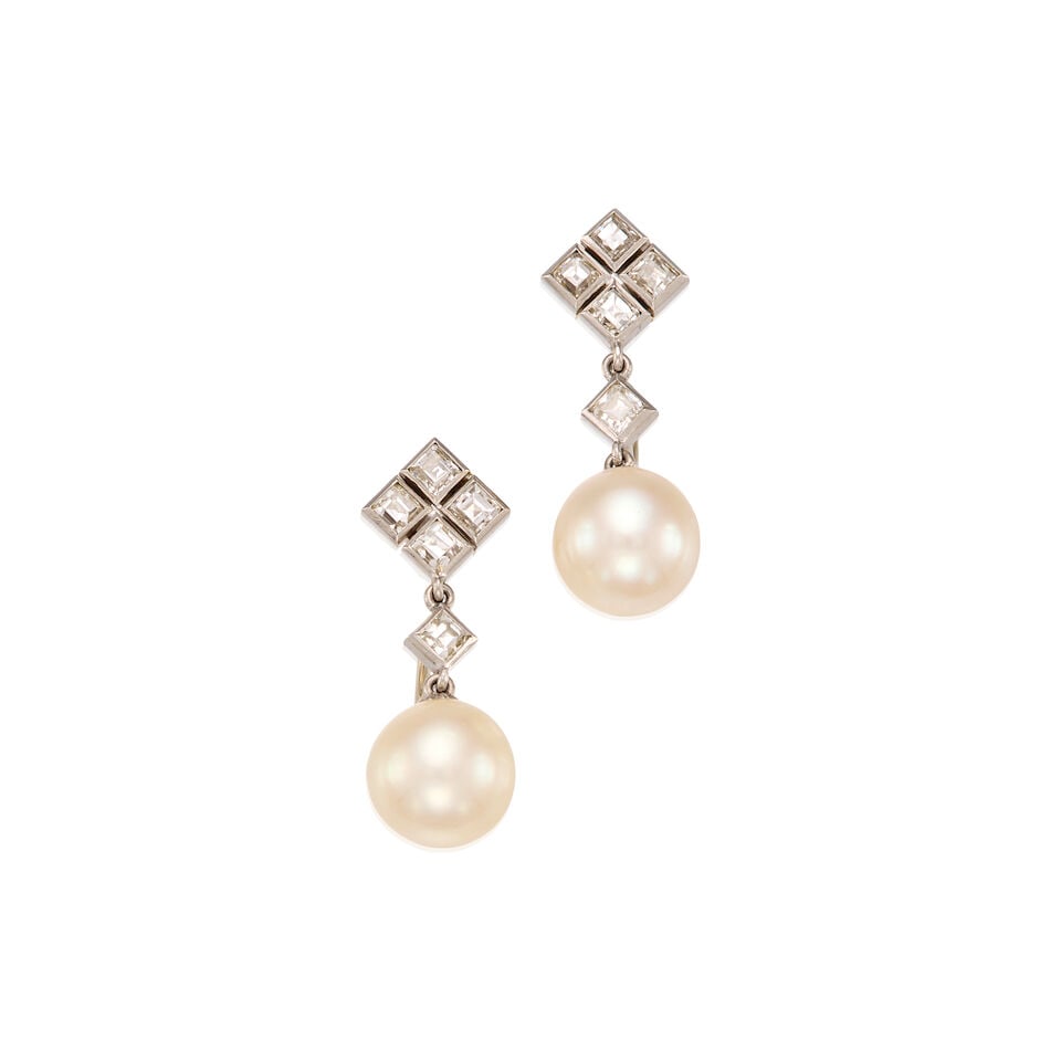 14K WHITE GOLD, CULTURED PEARL, AND DIAMOND EARRINGS: 14K WHITE GOLD, CULTURED PEARL, AND DIAMOND EARRINGS • Two cultured pearls measuring approximately 9.39mm in diameter • Six square shaped diamonds weighing approximately 0.40 carats total