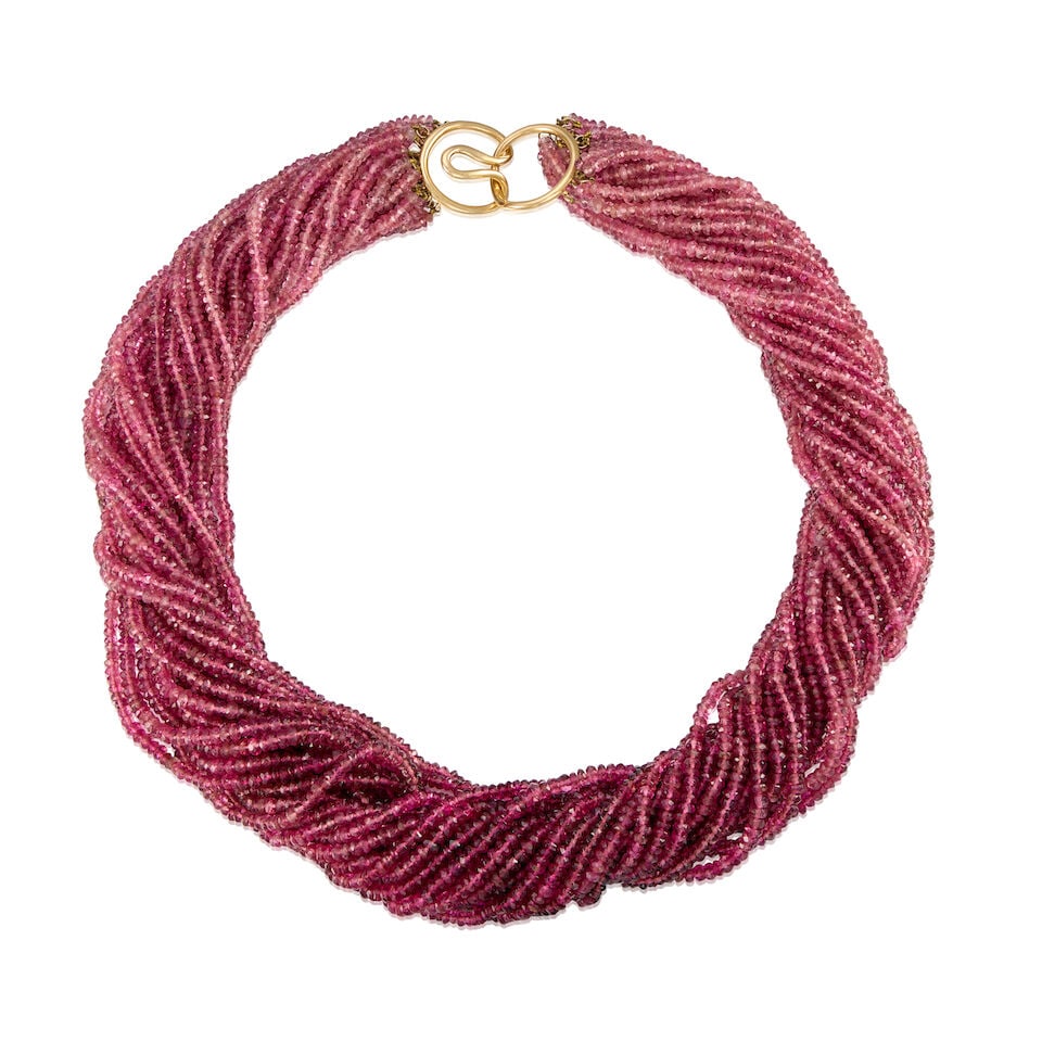 14K YELLOW GOLD AND TOURMALINE NECKLACE: 14K YELLOW GOLD AND TOURMALINE NECKLACE • A gold necklace with twenty-three strands and round to near round faceted drilled tourmaline beads measuring approximately 3.17mm to 3.47mm in diameter