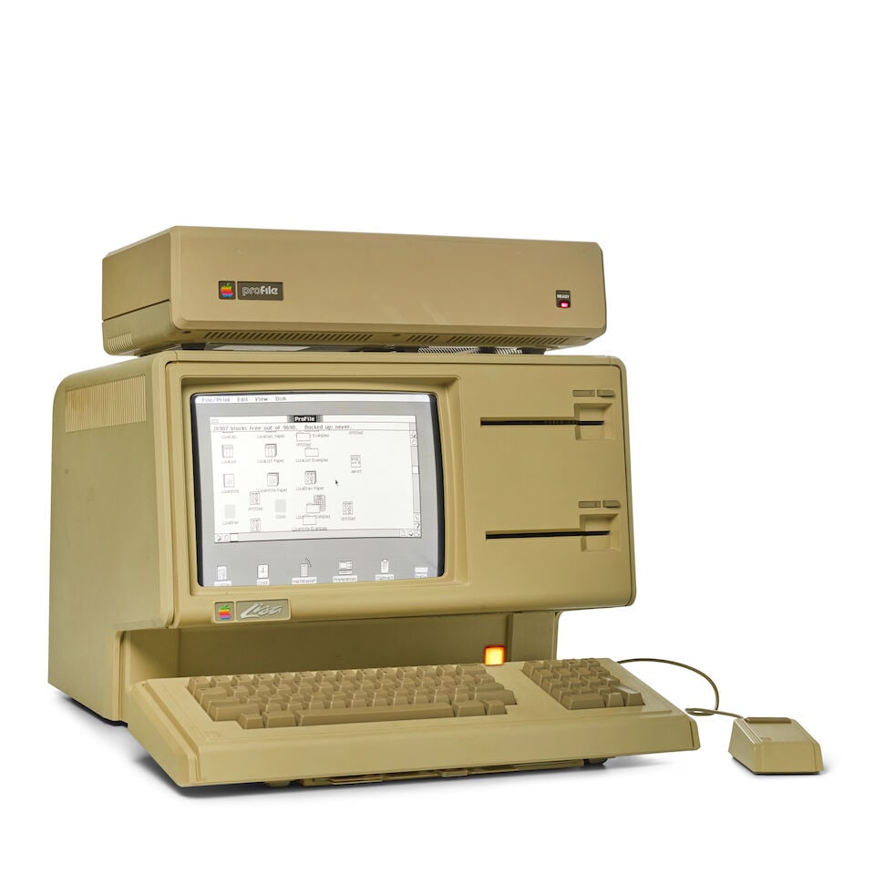 AN APPLE LISA 1 MICROCOMPUTER. Apple Lisa 1 Microcomputer. Apple Computer, Inc.: Cupertino, CA, ...: AN APPLE LISA 1 MICROCOMPUTER. Apple Lisa 1 Microcomputer. Apple Computer, Inc.: Cupertino, CA, 1983. 356 x 470 x 395 mm (14 x 18 1/2 x 15 1/2 in). Model A6SB100 with built-in monitor and 2 5.25 in. '