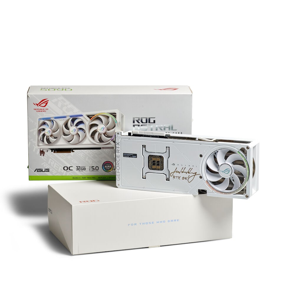 30TH ANNIVERSARY 'WHITE OC' EDITION ASUS ROG NVIDIA ASTRAL GEFORCE RTX 5090 GRAPHICS CARD SIGNED...: 30TH ANNIVERSARY 'WHITE OC' EDITION ASUS ROG NVIDIA ASTRAL GEFORCE RTX 5090 GRAPHICS CARD SIGNED BY NVIDIA CO-FOUNDER, PRESIDENT & CEO, JENSEN HUANG. [HUANG, JEN-HSUN (JENSEN)]. b. 1963. ASUS ROG