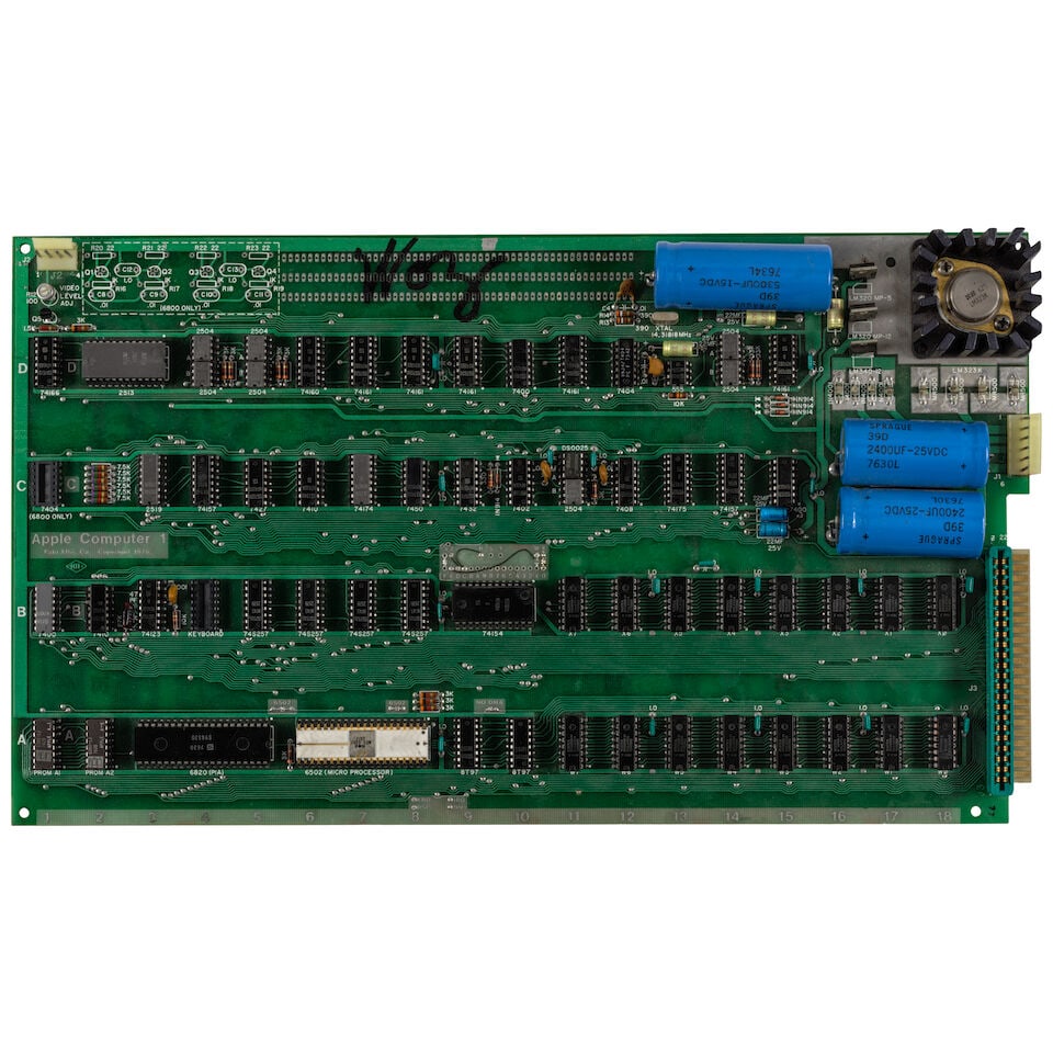 THE 'HATFIELD' APPLE-1 COMPUTER SIGNED BY STEVE WOZNIAK WITH A LETTER SIGNED BY STEVE JOBS, BEAU...: THE 'HATFIELD' APPLE-1 COMPUTER SIGNED BY STEVE WOZNIAK WITH A LETTER SIGNED BY STEVE JOBS, BEAUTIFULLY PRESERVED IN WORKING CONDITION. Apple-1 Motherboard. Apple Computer Company: Palo Alto, CA, 1976