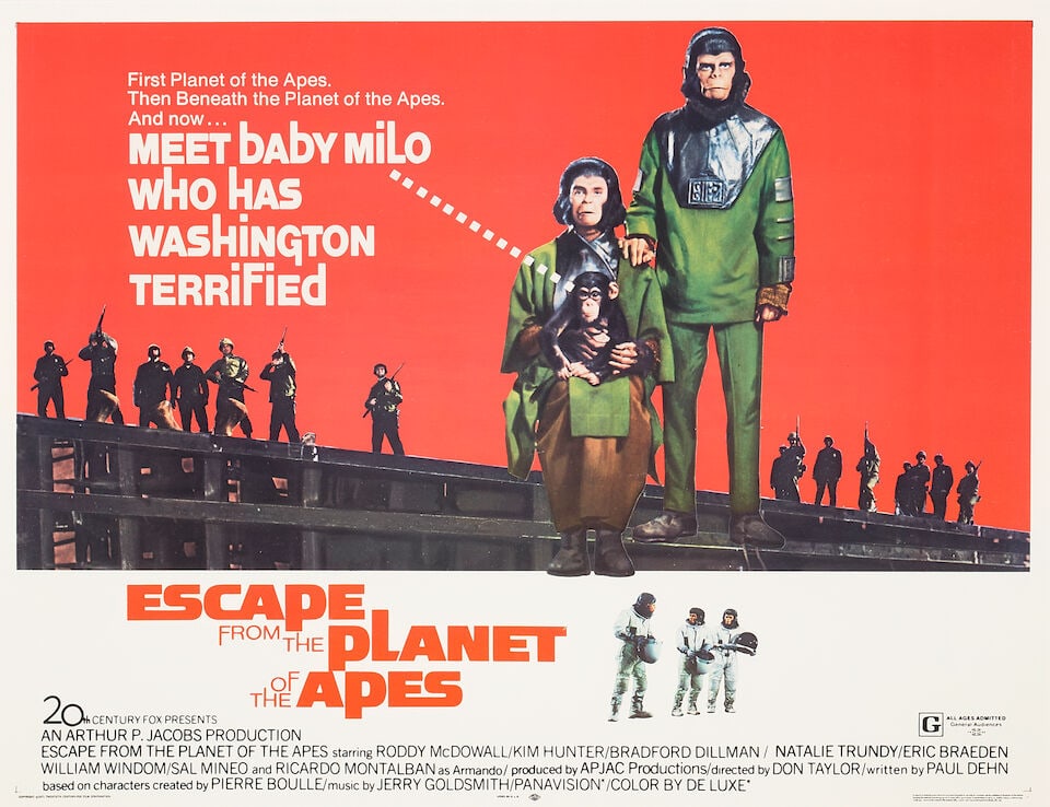 A Half-Sheet Poster from Escape From the Planet of the Apes: A Half-Sheet Poster from Escape From the Planet of the Apes 20th Century-Fox, 1971. Original US half-sheet poster visible through 34.75 x 28.75 in. archival frame. Unexamined out of frame. Exhibiting