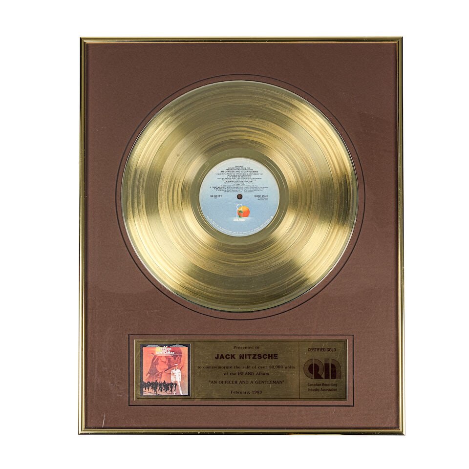 A CANADIAN GOLD RECORD PRESENTED TO ARRANGER, PRODUCER, AND FILM COMPOSER JACK NITZSCHE FOR AN O...: A CANADIAN GOLD RECORD PRESENTED TO ARRANGER, PRODUCER, AND FILM COMPOSER JACK NITZSCHE FOR AN OFFICER AND A GENTLEMAN SOUNDTRACK A Canadian Recording Industry Association certified gold record