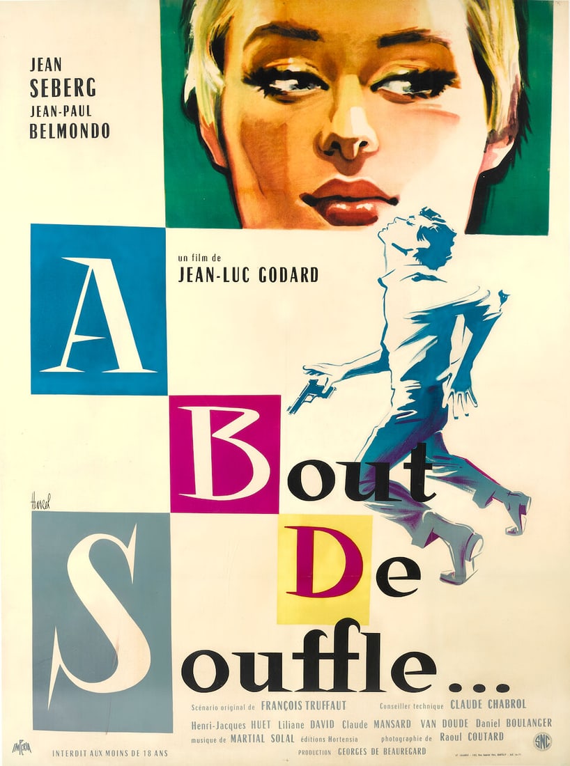 Breathless: Breathless Imperia Films, 1960. French Grande poster, artwork by Hurel, linen-backed, framed. Overall: 67.5 x 51.5 x 1.75 in.; within frame: 63 x 47 in. Footnotes: Famed director Jean-Luc Godard was