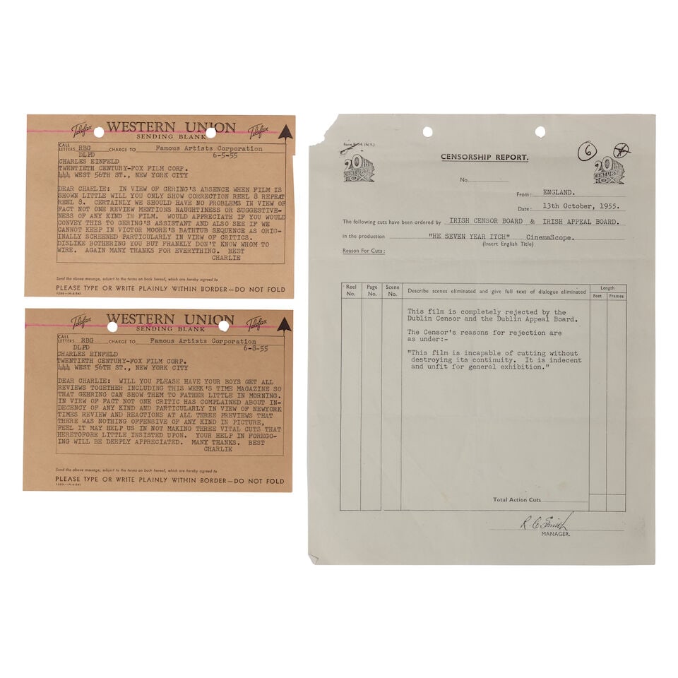 A Group of Correspondence Pertaining to The Seven Year Itch and the Irish Censor Board: A Group of Correspondence Pertaining to The Seven Year Itch and the Irish Censor Board Comprising 2 Western Union telegrams dated June 5 and June 8, 1955, from Charles Feldman of Famous Artists