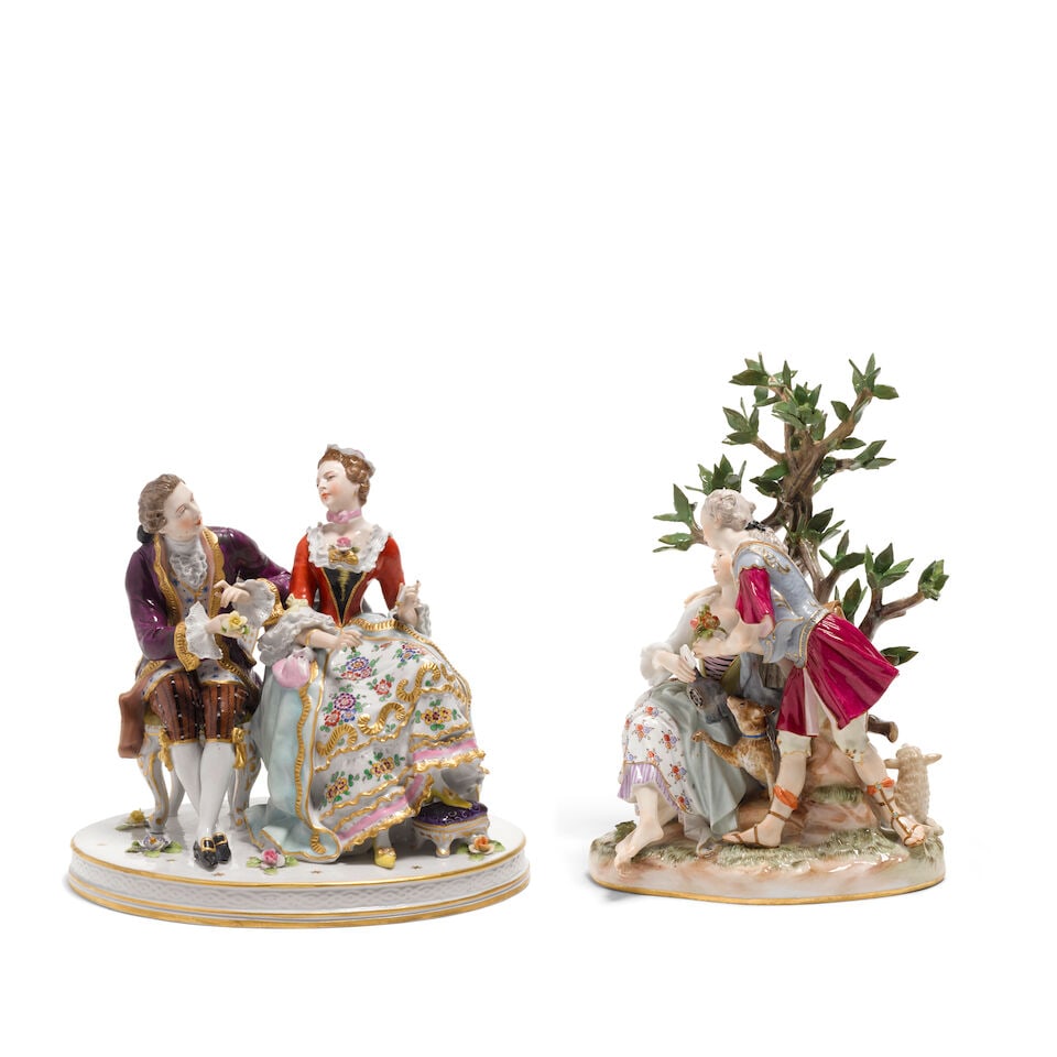 A Meissen porcelain group: The Love Letter Late 19th century: A Meissen porcelain group: The Love Letter Late 19th century Together with a German porcelain group of a courting couple. height of Meissen group 9 1/2in (24cm); greatest width 6 3/4in (17cm); height