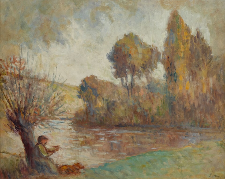 Maximilien Luce (1858-1941) Pêcheur et son Chien au Bord de la Rivière 19 x 24 1/8 in.... (1 of 3)