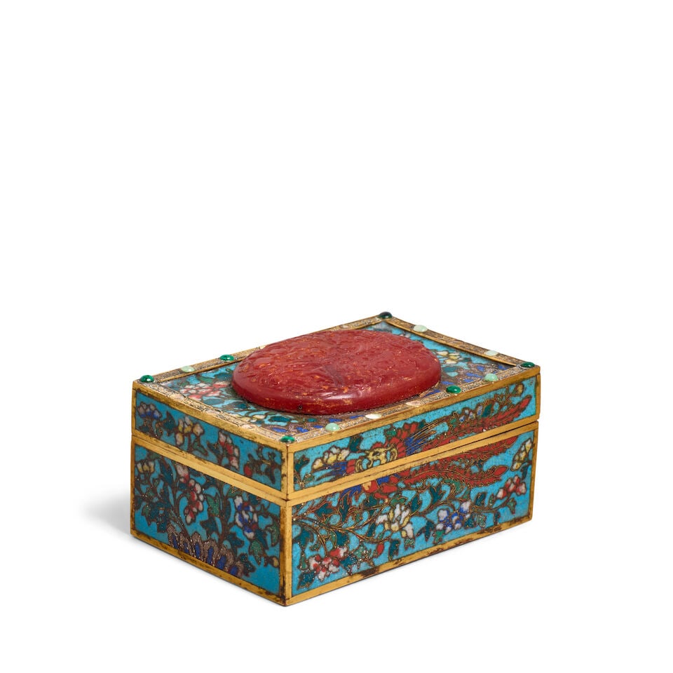A CLOISONNÉ-ENAMELED AMBER-INSET RECTANGULAR BOX AND COVER Late Qing dynasty (1 of 1)