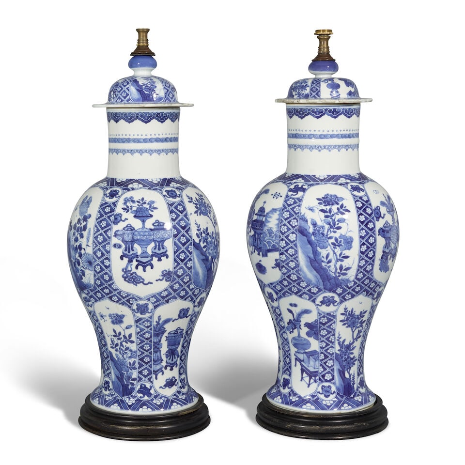 A PAIR OF CHINESE BLUE AND WHITE BALUSTER VASES AND COVERS, NOW MOUNTED AS LAMPS 19th century (2) (1 of 1)