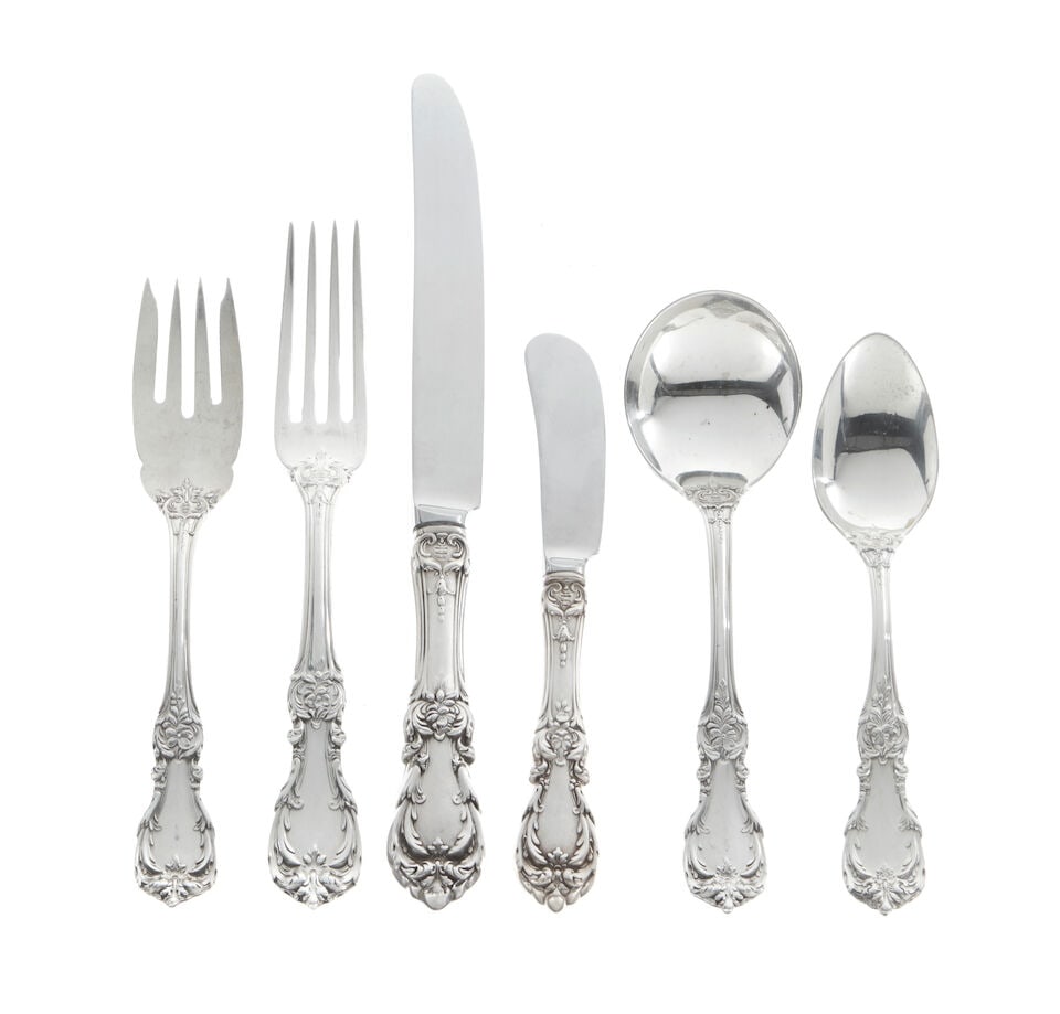 An American sterling silver partial flatware service by Reed & Barton, Taunton, MA, 20th century: An American sterling silver partial flatware service by Reed & Barton, Taunton, MA, 20th century Burgundy pattern, comprising: 12 dinner knives, 12 dinner forks, 12 salad forks, 18 teaspoons, 12 soup 