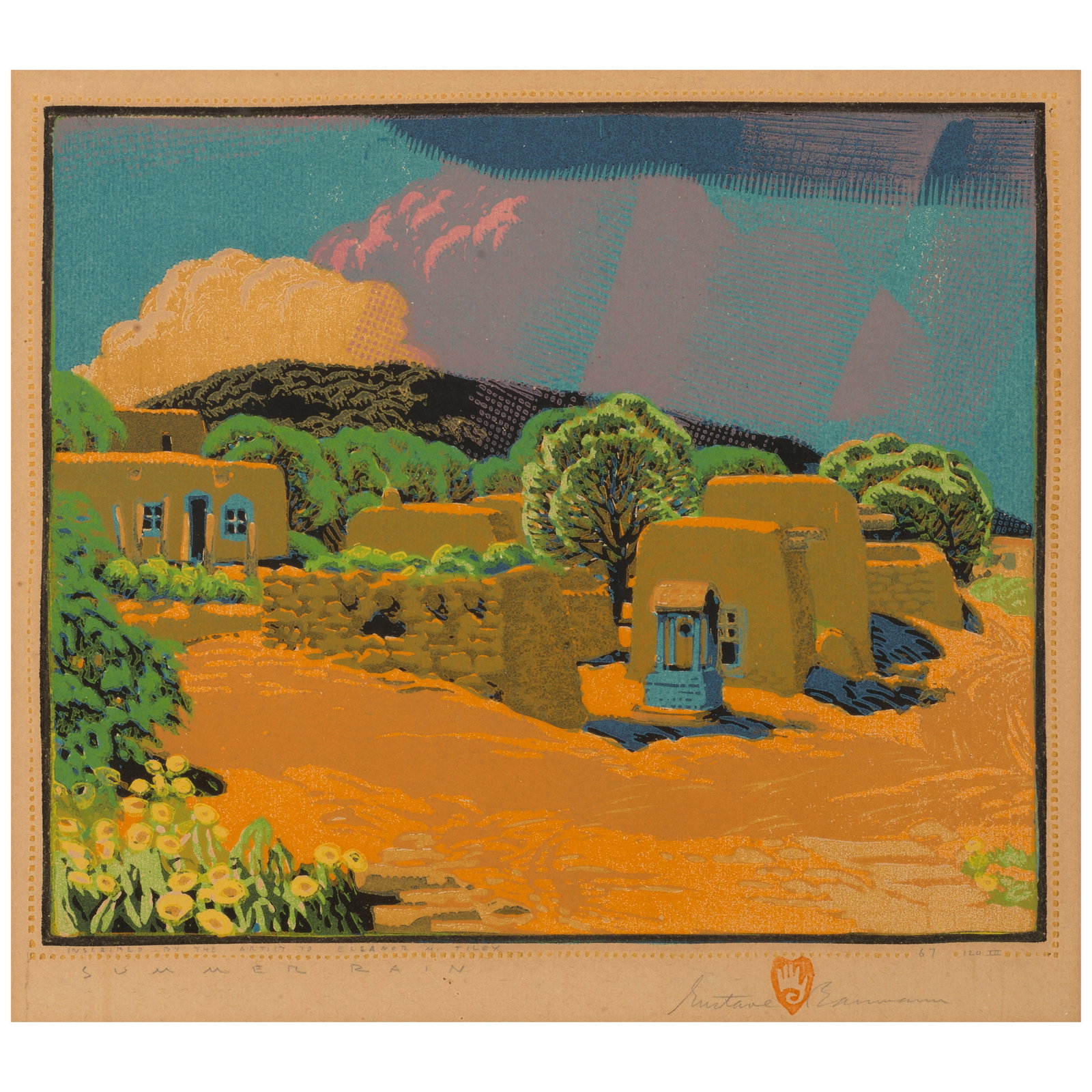 Gustave Baumann (1881-1971); Summer Rain;: Gustave Baumann (1881-1971) Summer Rain (Chamberlain 112), 1926 Woodcut in colors on laid paper, from the second edition (of 4), signed in pencil, titled, numbered '67/120 III' (Chamberlain cites only
