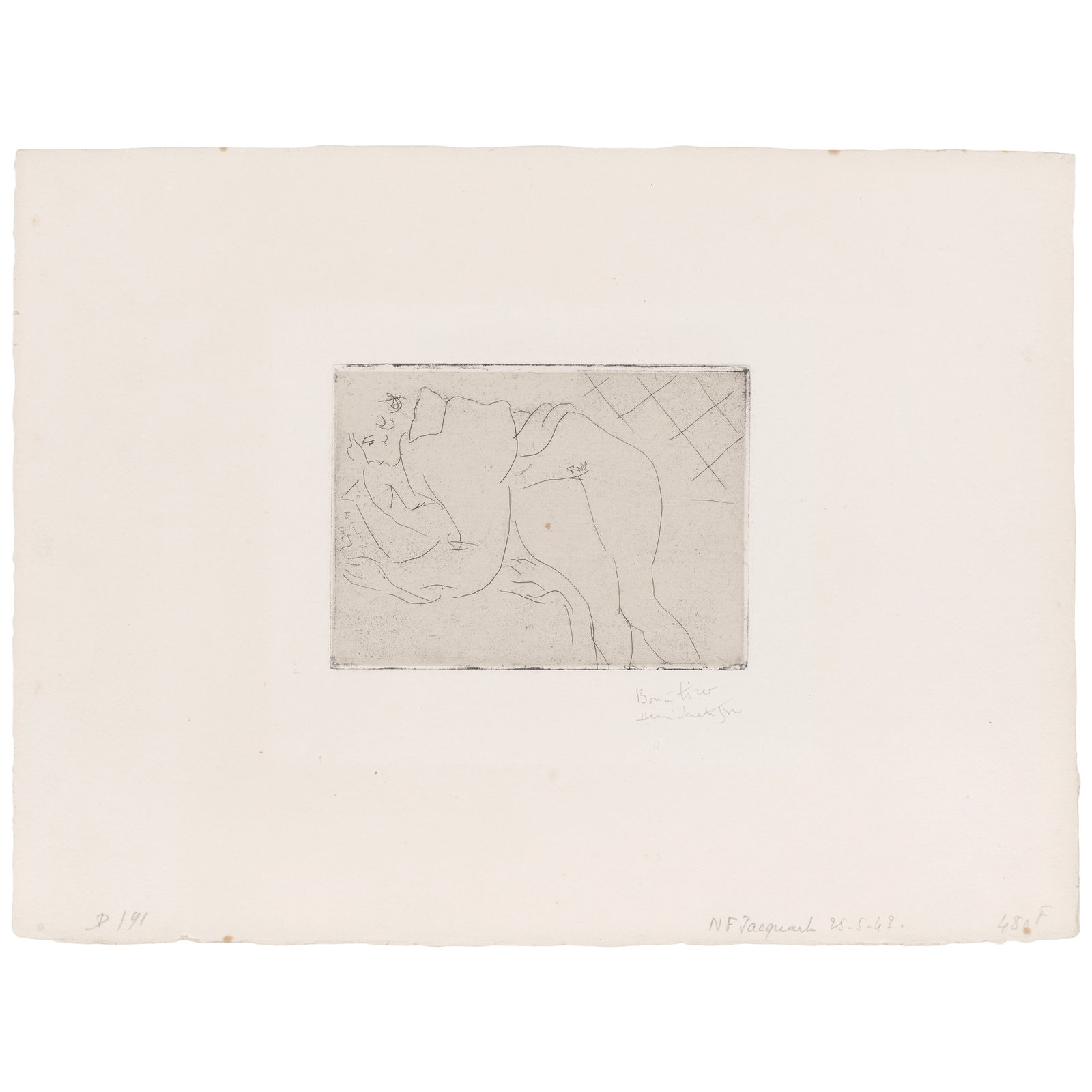 Henri Matisse (1869-1954); Figure lisant (Figure Reading);: Henri Matisse (1869-1954) Figure lisant (Figure Reading) (Duthuit 191), 1929 Etching on chine appliqué with Arches support, signed in pencil and annotated 'Bon à tirer' (aside from the editi