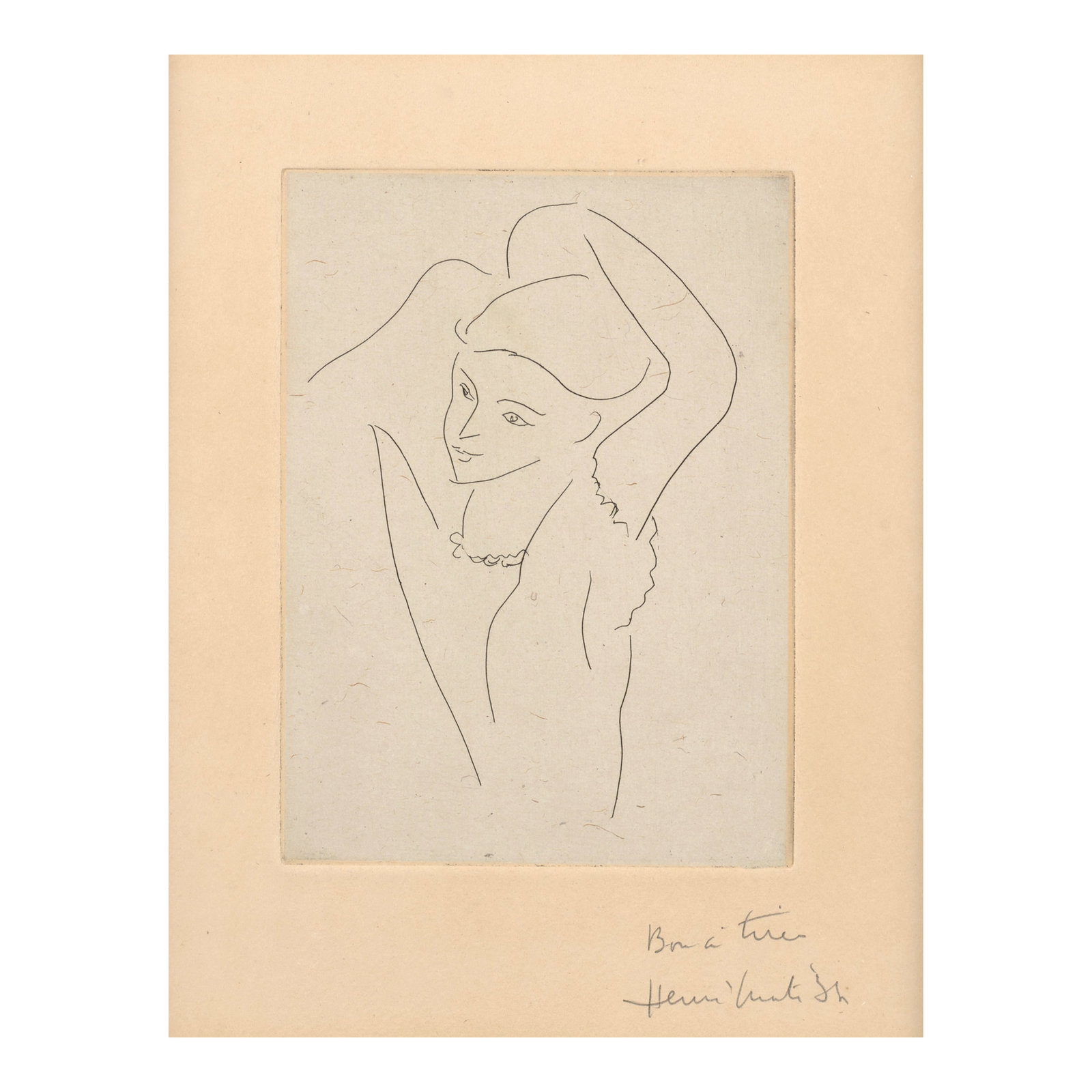 Henri Matisse (1869-1954); Jeune fille arrangeant ses cheveux (Young Girl Arranging Her Hair);: Henri Matisse (1869-1954) Jeune fille arrangeant ses cheveux (Young Girl Arranging Her Hair) (Duthuit 242), 1934-35 Etching with chine collé on Arches paper support, signed in pencil and annotate