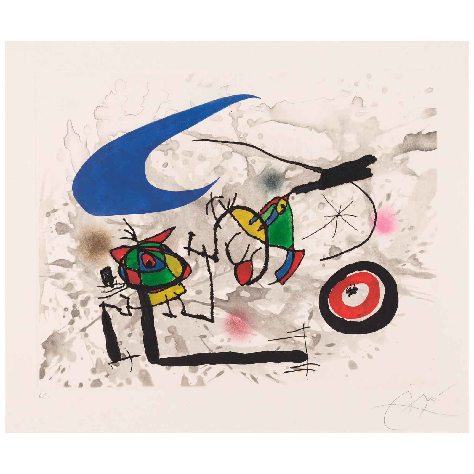 Joan Miró (1893-1983); Pygmées sous la lune (Pygmies Under the Moon);: Joan Miró (1893-1983) Pygmées sous la lune (Pygmies Under the Moon) (Dupin 562), 1972 Etching and aquatint in colors on Arches paper, signed in pencil and annotated 'H.C.' (an hors-commerce,