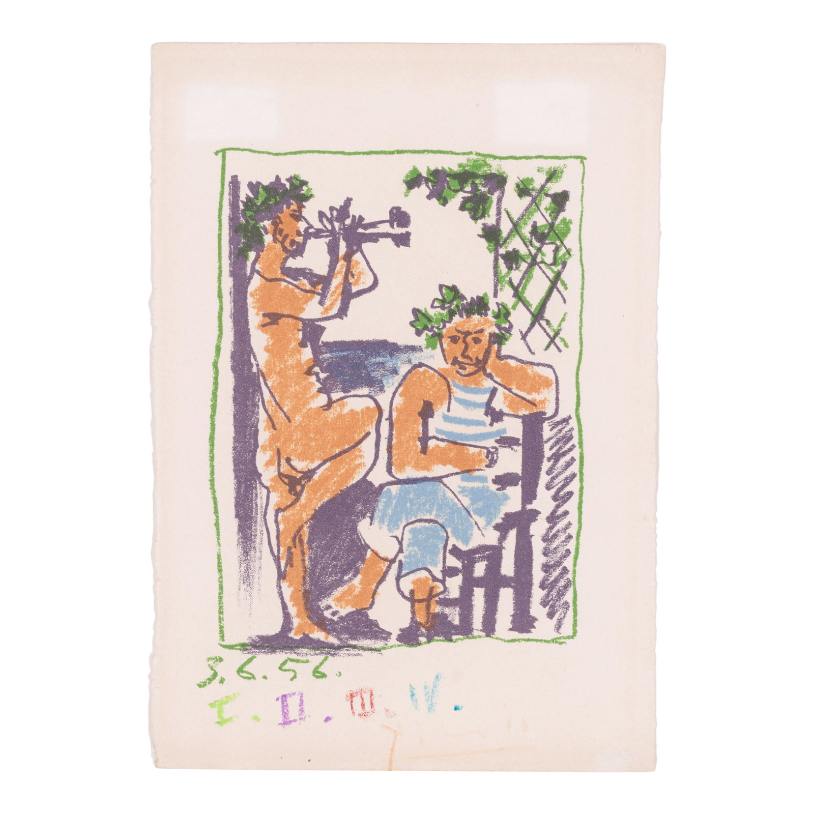 Pablo Picasso (1881-1973); Faune et marin;: Pablo Picasso (1881-1973) Faune et marin (Bloch 800), 1956 Lithograph in colors on wove paper with additional hand-coloring, signed in red crayon (attenuated), aside from the edition of 50, published 