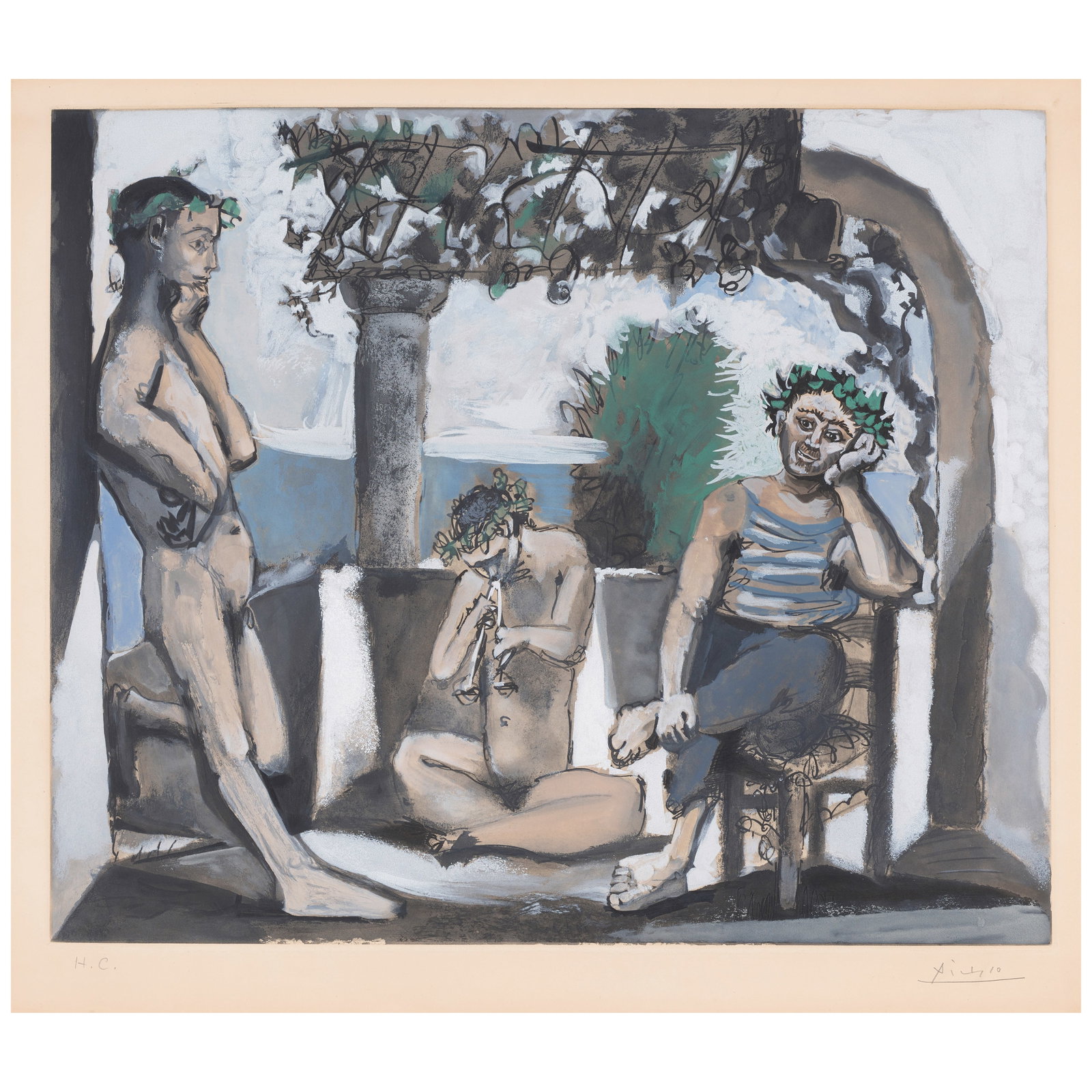 After Pablo Picasso (1881-1973); Bacchanale;: After Pablo Picasso (1881-1973) Bacchanale, c. 1955 Aquatint in colors on Rives BFK paper, signed in pencil and annotated 'H.C.' (an hors-commerce, aside from the edition of 300), with the blindstamp 