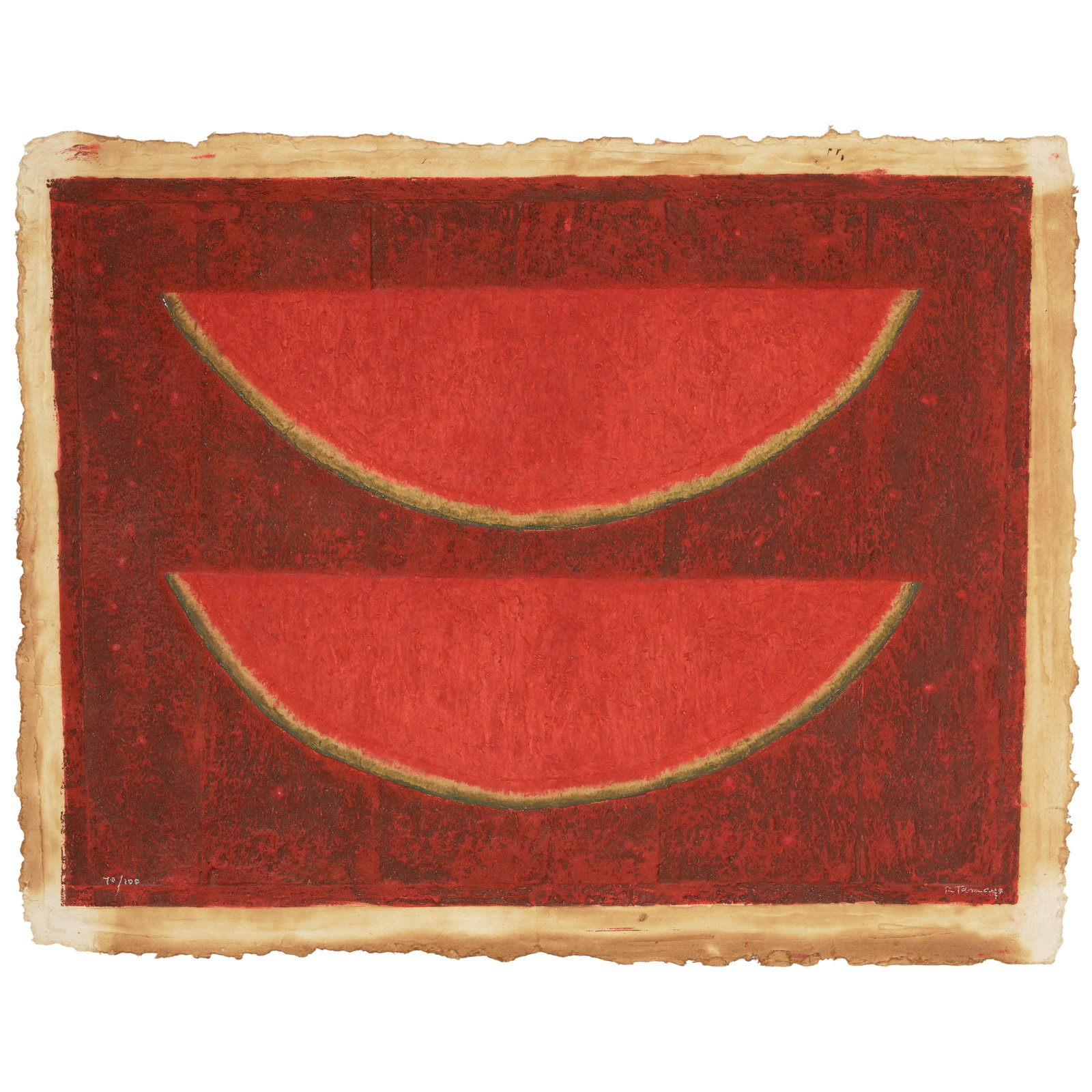 Rufino Tamayo (1899-1991); Sandías (Watermelons);: Rufino Tamayo (1899-1991) Sandías (Watermelons) (Pereda 285), 1980 Mixografía® in colors on handmade paper, signed in white crayon and numbered 70/100 (there were also 25 artist's proof