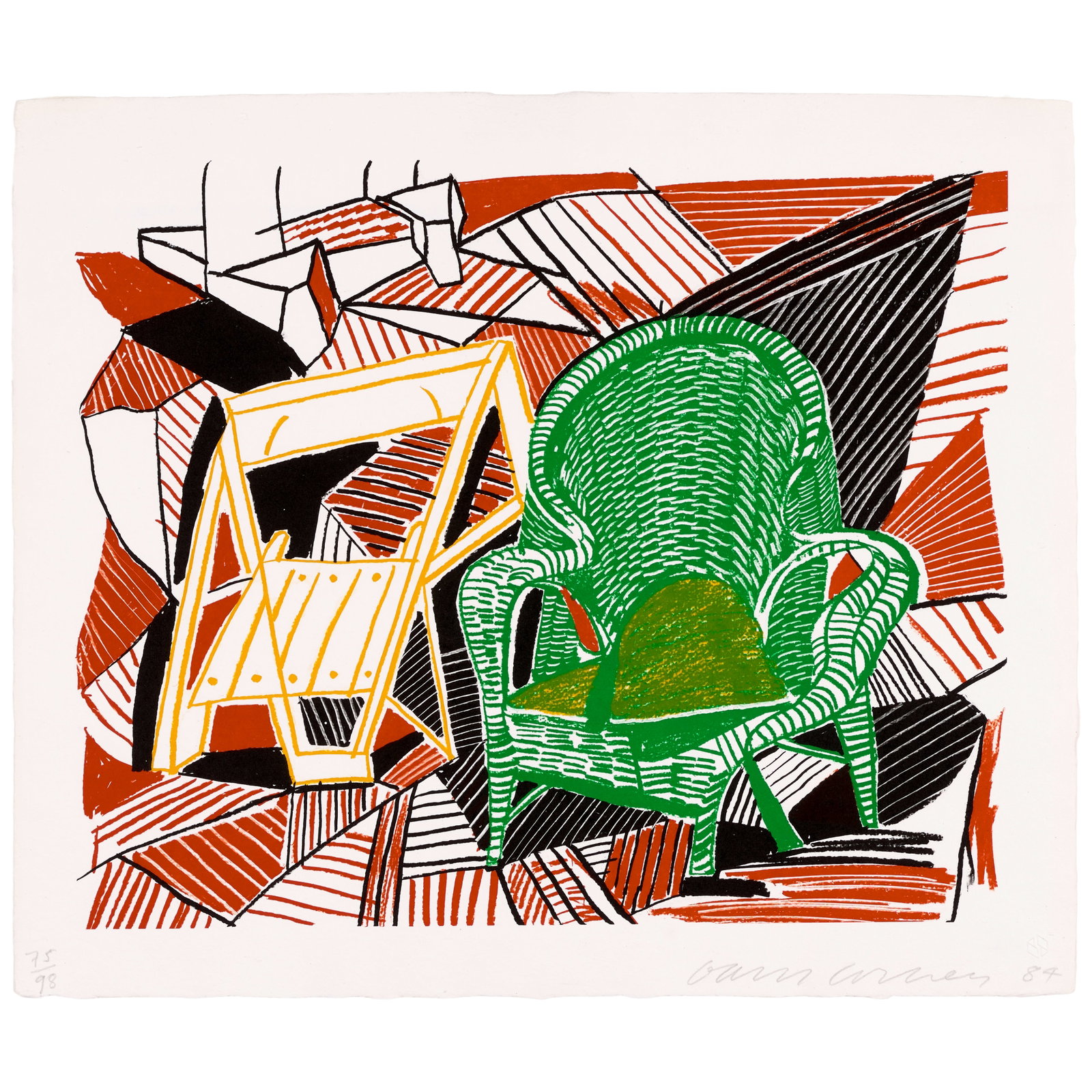 David Hockney (1937-2026); Two Pembroke Studio Chairs, from Moving Focus;: David Hockney (1937-2026) Two Pembroke Studio Chairs, from Moving Focus (MCAT 264, Tyler 276), 1984 Lithograph in colors on HMP handmade paper, signed in pencil, dated and numbered 75/98 (there were a