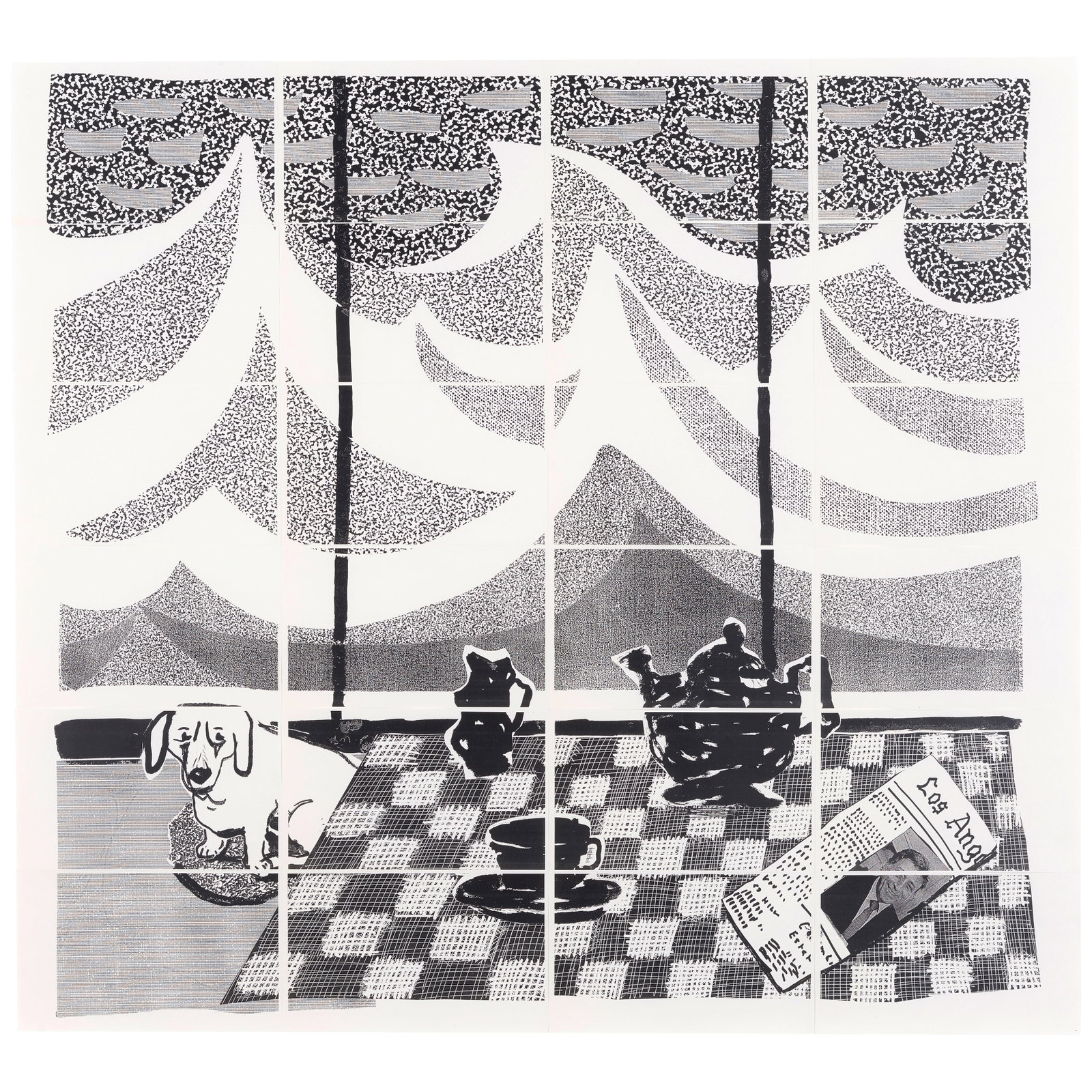 David Hockney (1937-2026); Breakfast with Stanley in Malibu;: David Hockney (1937-2026) Breakfast with Stanley in Malibu, 1989 Xerox copy of facsimile drawing in 24 parts on Archival paper, with original transfer note from the artist, transfer note dated 'Aug 23